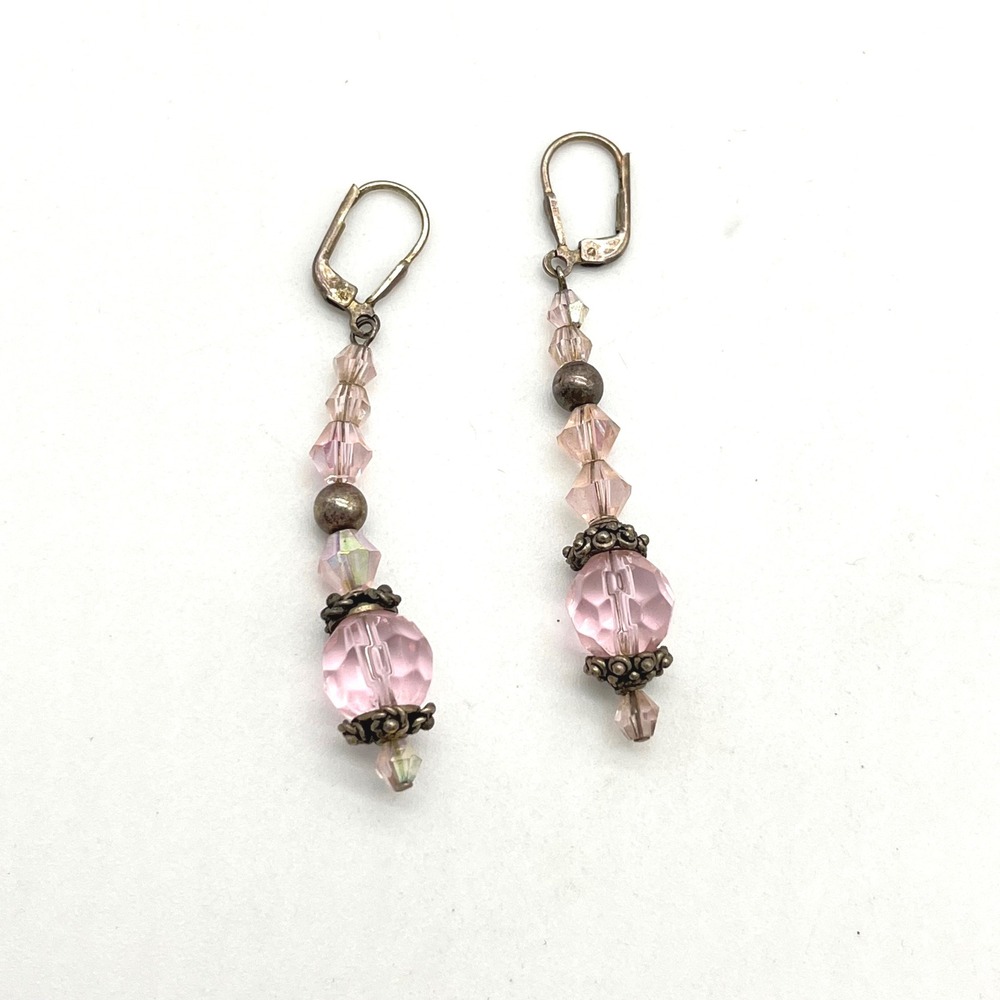 Vintage 925 Sterling‎ Silver Pink Crystal Bead Dangle Earrings